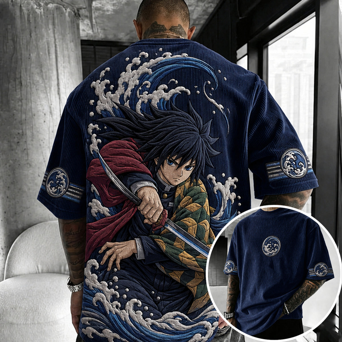 Demon Slayer Unisex Anime-Style Retro Corduroy Oversized T-Shirt