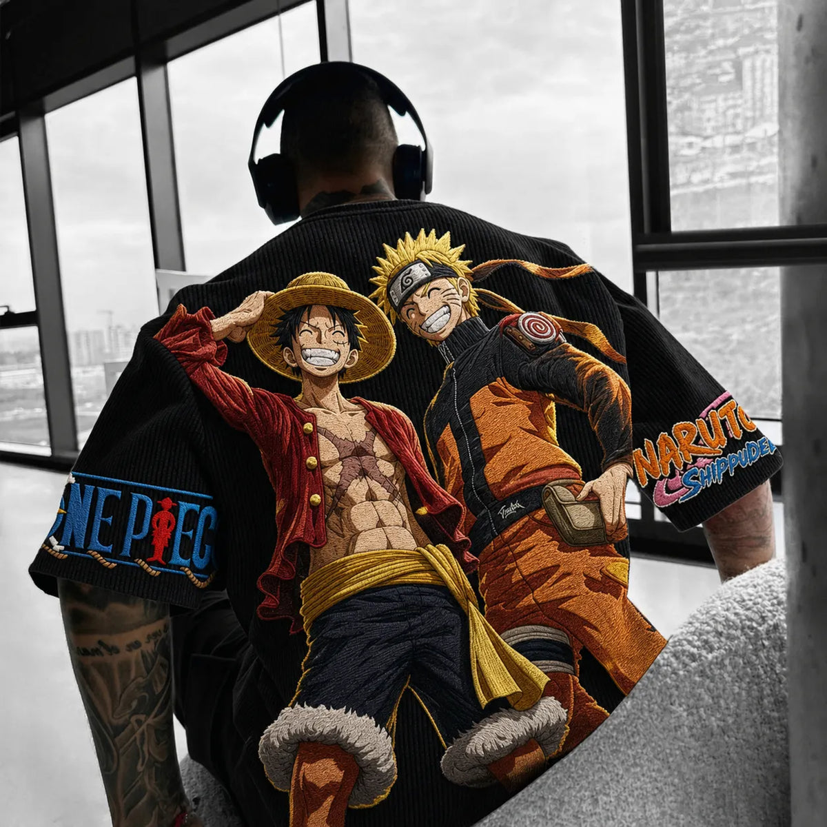 Naruto Unisex Oversized Anime-Print Vertical-Stripe Short-Sleeve T-Shirt