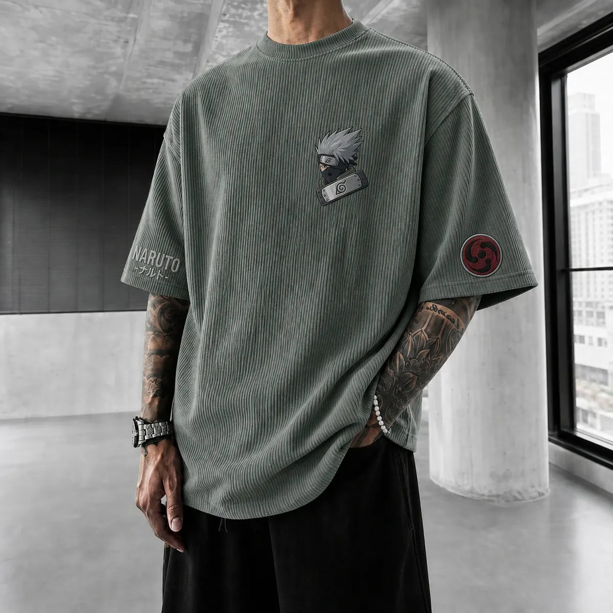 Naruto Unisex Anime-Style Retro Corduroy Oversized T-Shirt