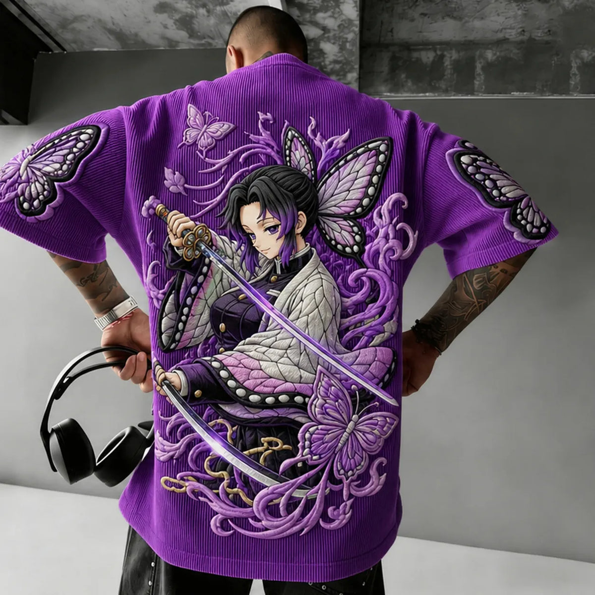 Demon Slayer Unisex Anime-Style Retro Corduroy Oversized T-Shirt