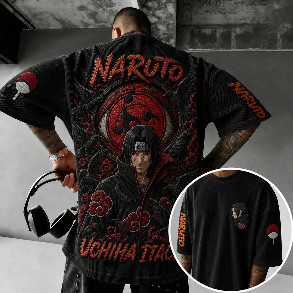 Naruto Unisex Anime-Style Retro Corduroy Oversized T-Shirt