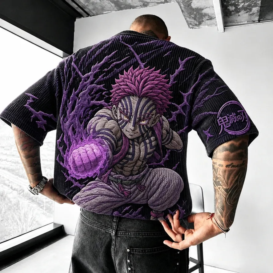 Demon Slayer Unisex Oversized Anime-Print Vertical-Stripe Short-Sleeve T-Shirt