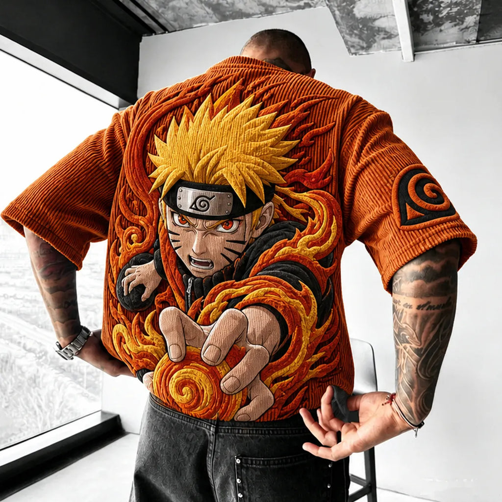 Naruto Unisex Anime-Style Retro Corduroy Oversized T-Shirt