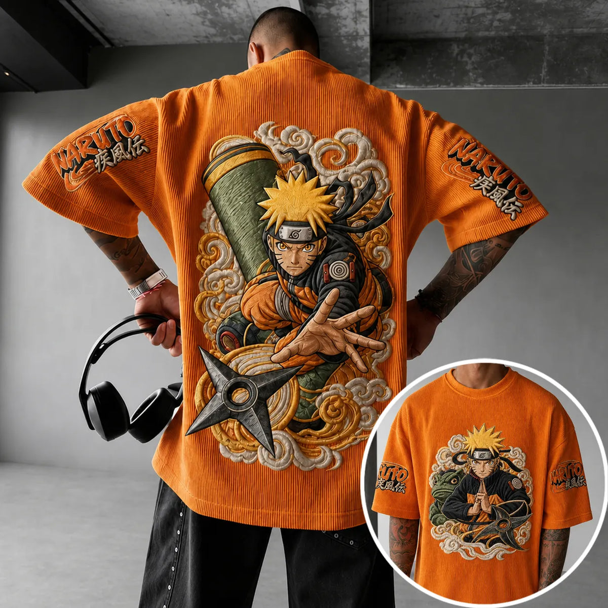 Naruto Unisex Oversized Anime-Print Vertical-Stripe Short-Sleeve T-Shirt