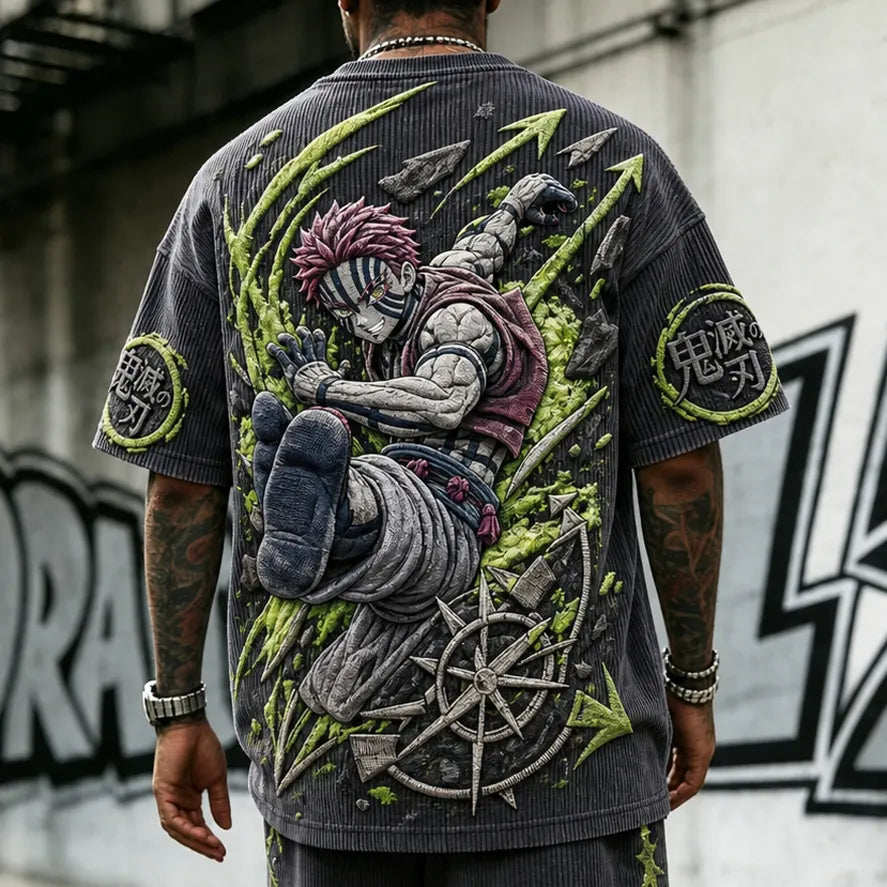 Demon Slayer Unisex Oversized Anime-Print Vertical-Stripe Short-Sleeve T-Shirt