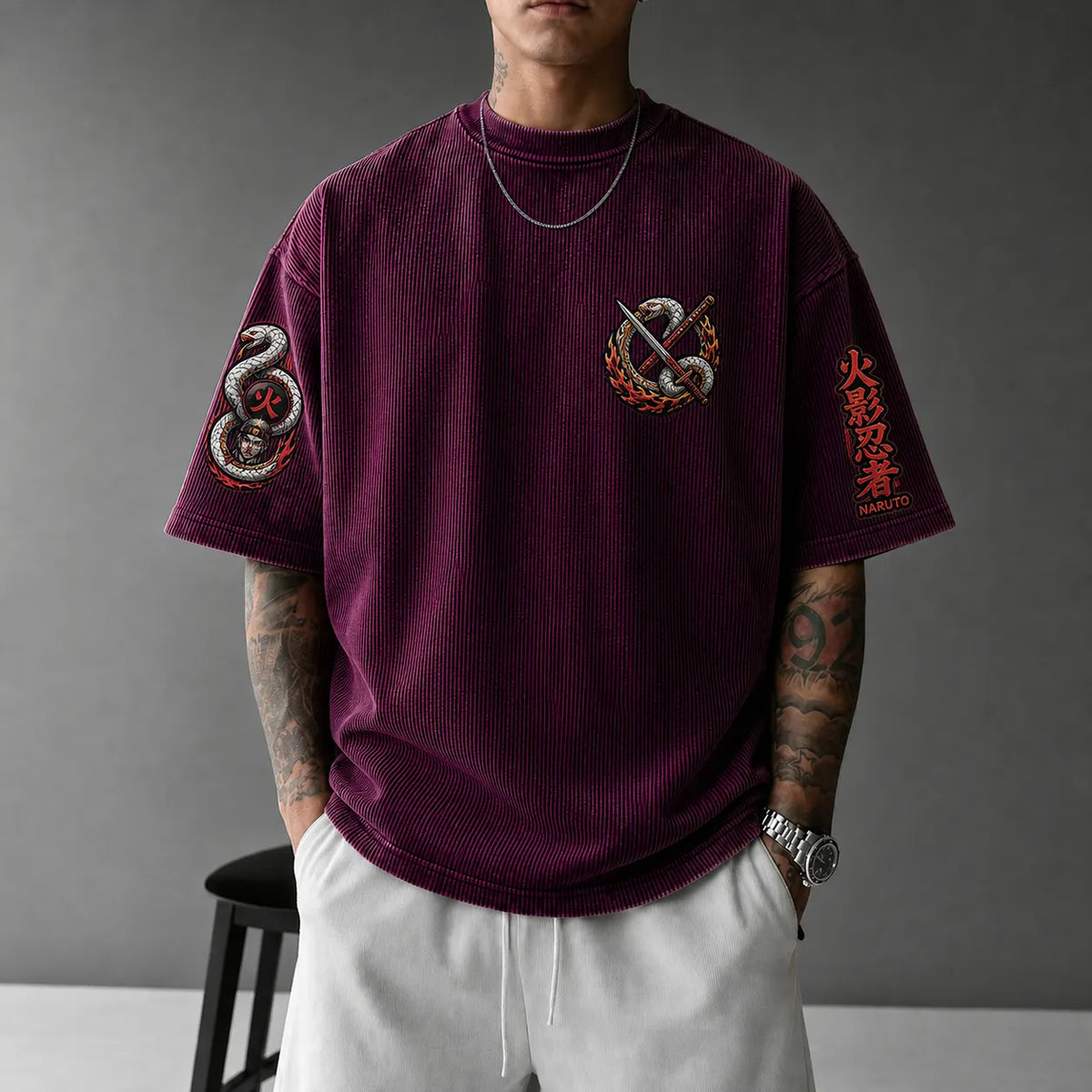 Naruto Unisex Anime-Style Retro Corduroy Oversized T-Shirt