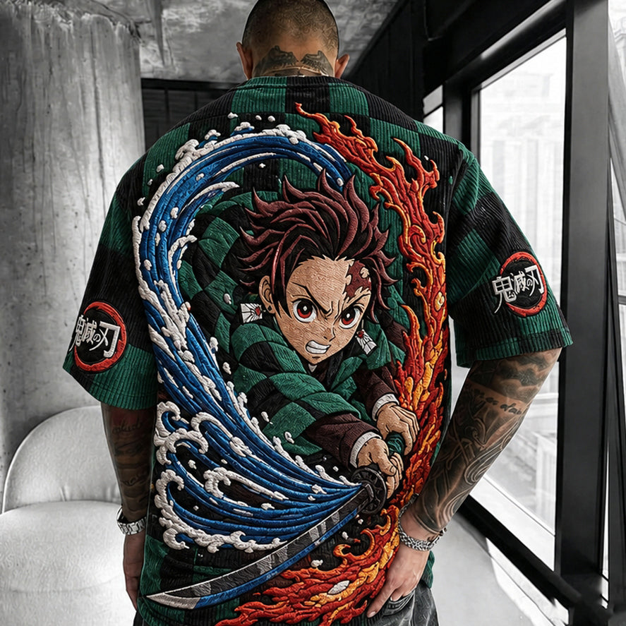 Demon Slayer Unisex Oversized Anime-Print Vertical-Stripe Short-Sleeve T-Shirt