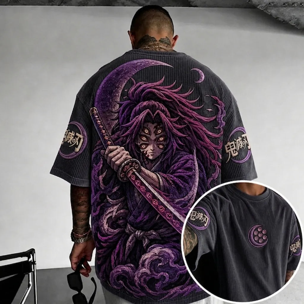 Demon Slayer Unisex Oversized Anime-Print Vertical-Stripe Short-Sleeve T-Shirt