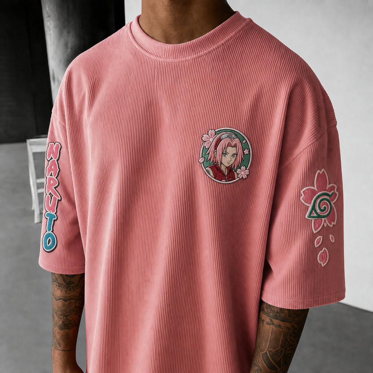 Naruto Unisex Anime-Style Retro Corduroy Oversized T-Shirt