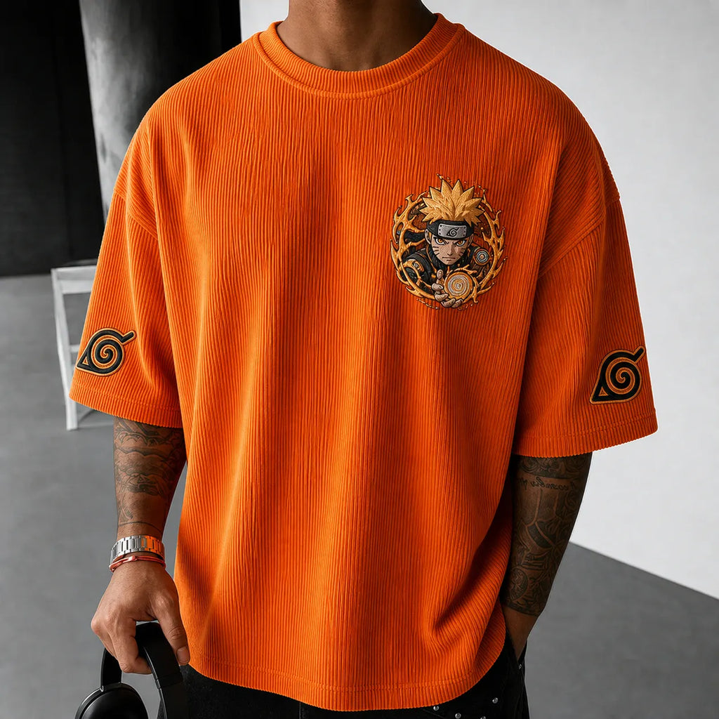 Naruto Unisex Oversized Anime-Print Vertical-Stripe Short-Sleeve T-Shirt