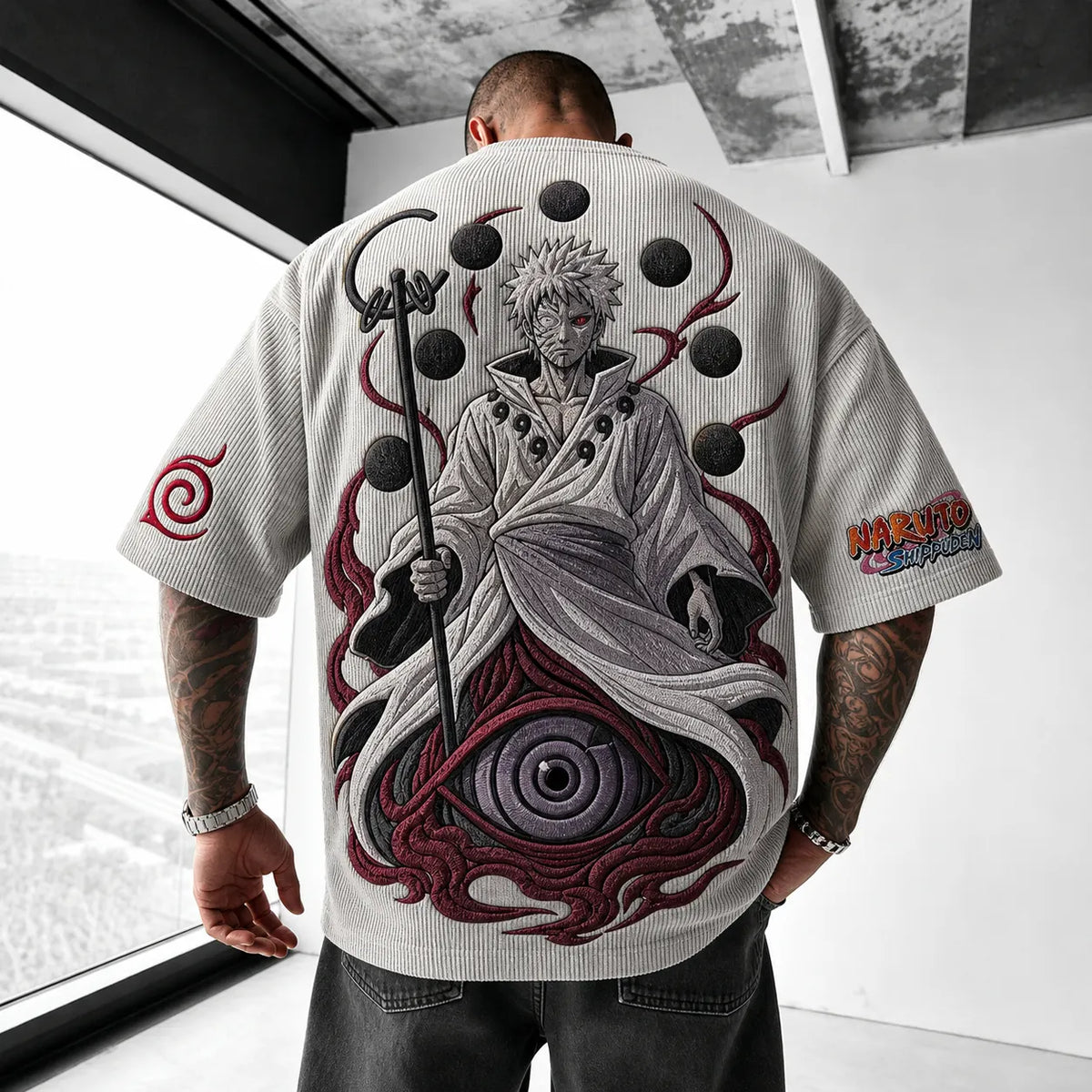 Naruto Unisex Oversized Anime-Print Vertical-Stripe Short-Sleeve T-Shirt
