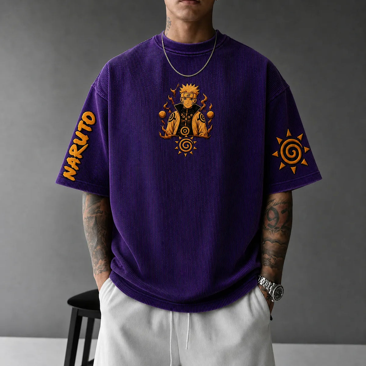 Naruto Unisex Anime-Style Retro Corduroy Oversized T-Shirt