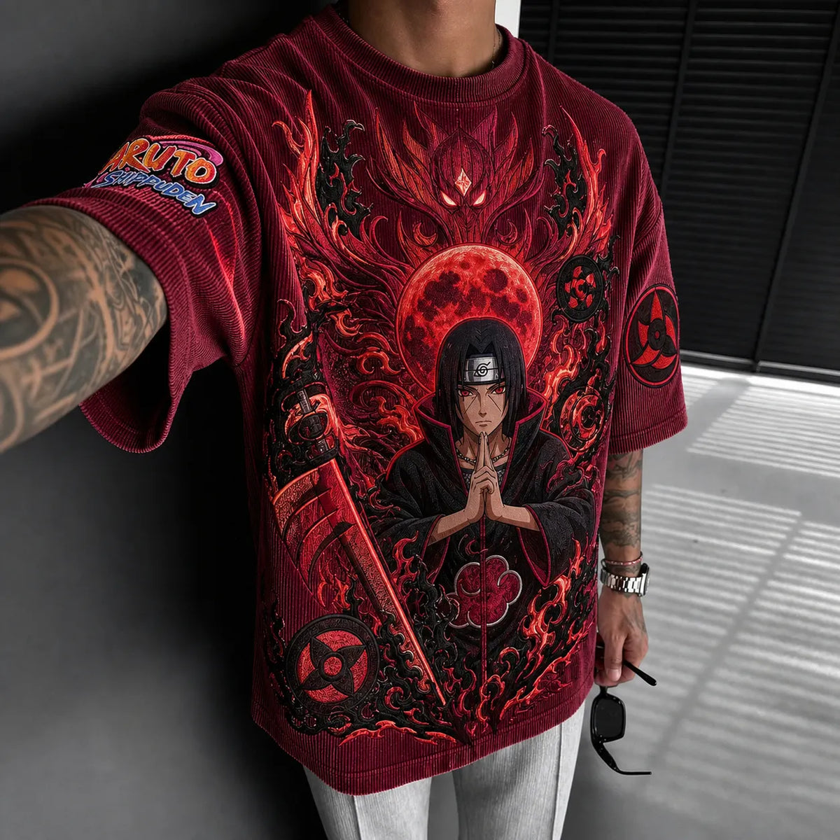 Naruto Unisex Oversized Anime-Print Vertical-Stripe Short-Sleeve T-Shirt