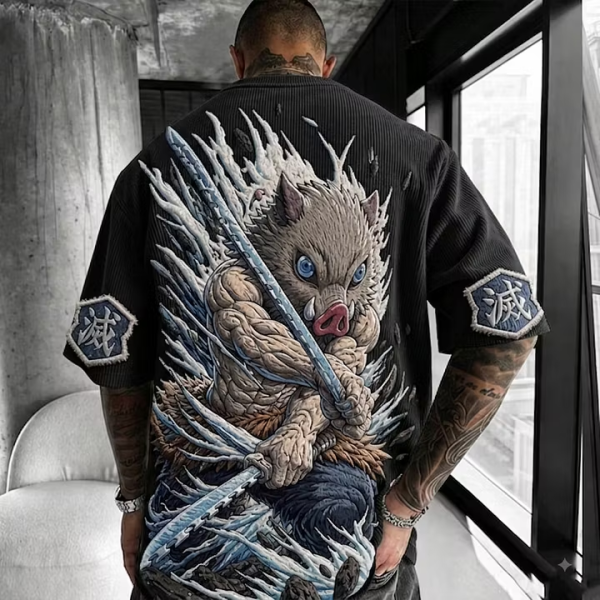Demon Slayer Unisex Anime-Style Retro Corduroy Oversized T-Shirt