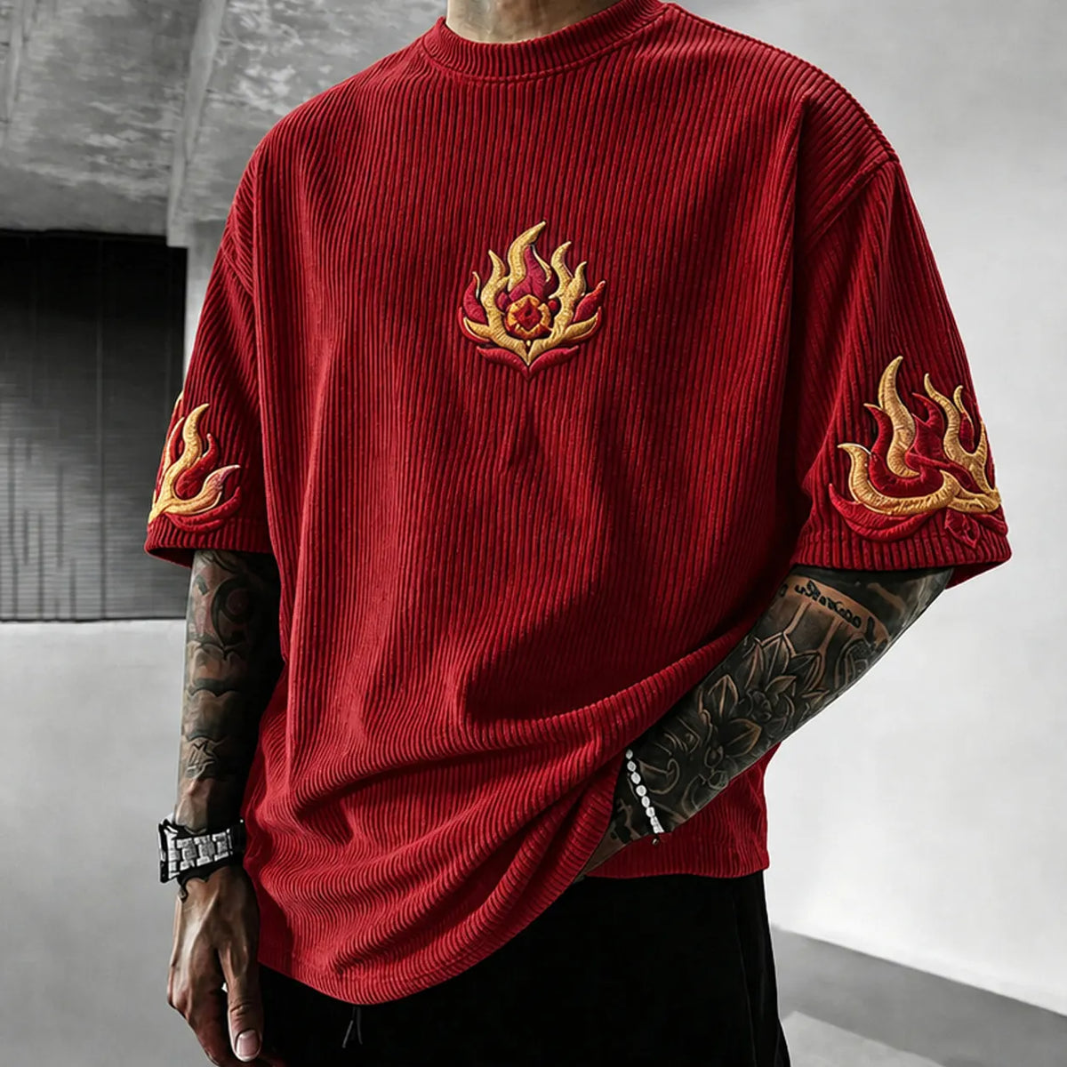 Demon Slayer Unisex Anime-Style Retro Corduroy Oversized T-Shirt