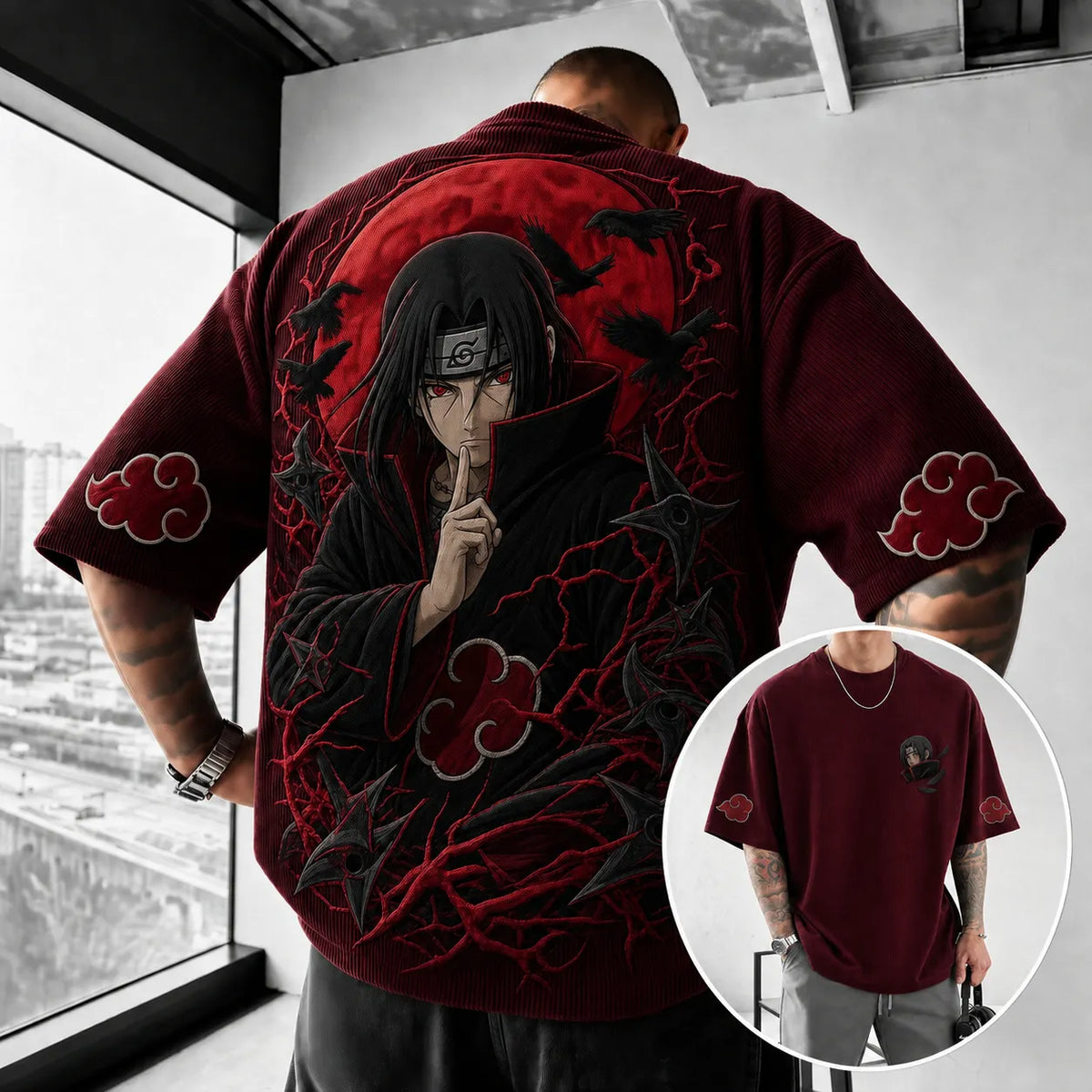 Naruto Unisex Oversized Anime-Print Vertical-Stripe Short-Sleeve T-Shirt