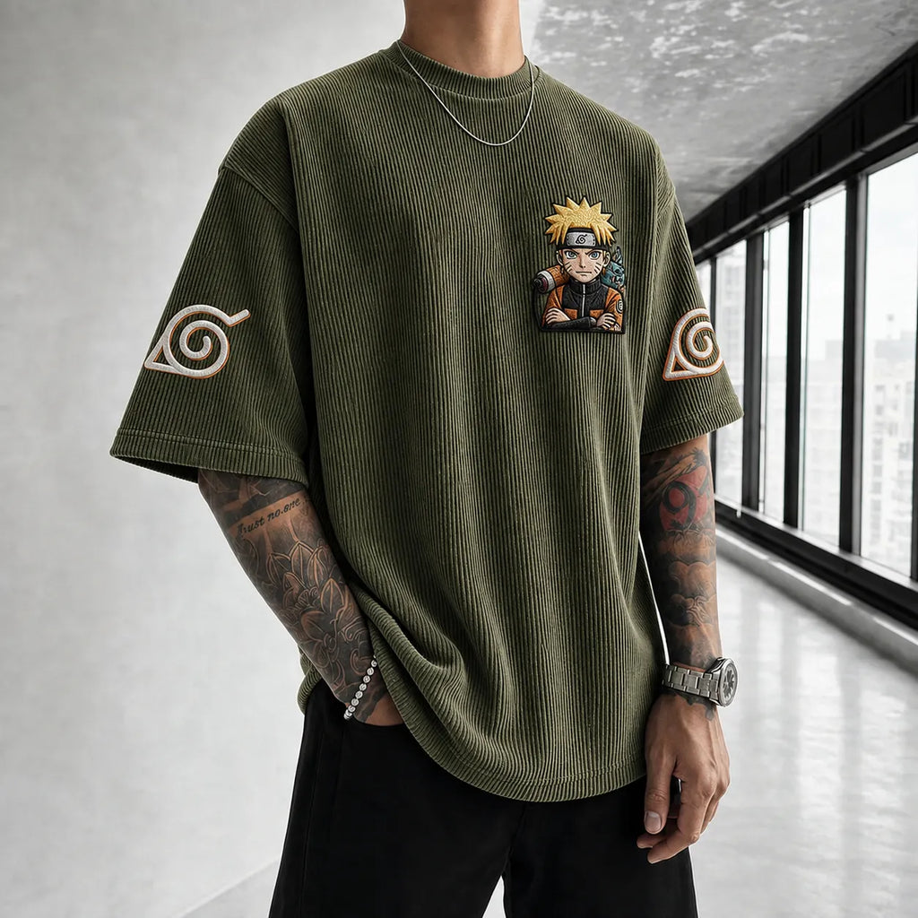 Naruto Unisex Oversized Anime-Print Vertical-Stripe Short-Sleeve T-Shirt