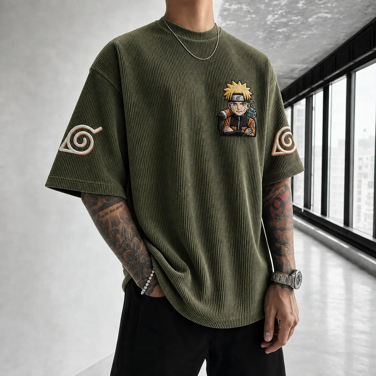 Naruto Unisex Oversized Anime-Print Vertical-Stripe Short-Sleeve T-Shirt