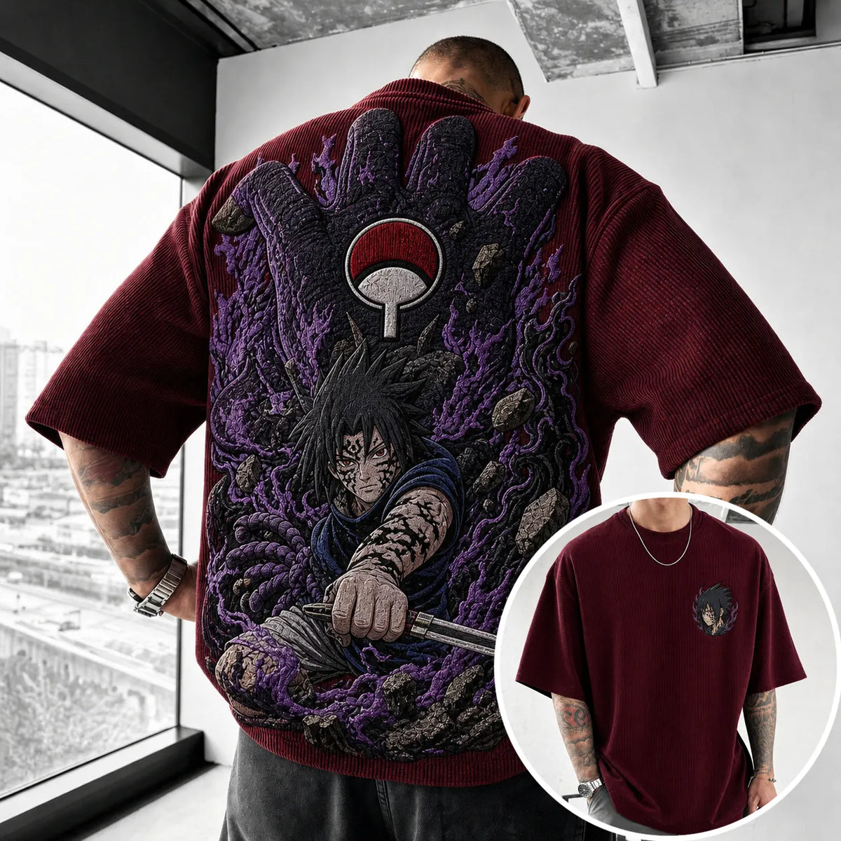 Naruto Unisex Oversized Anime-Print Vertical-Stripe Short-Sleeve T-Shirt