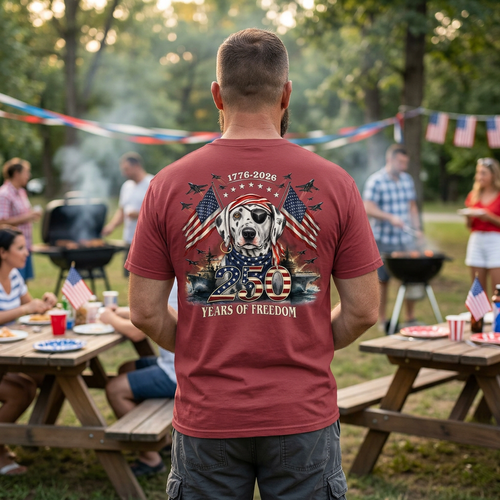 250 Years of Freedom 1776-2026 American Flag Patriotic T-Shirt - Chili Red