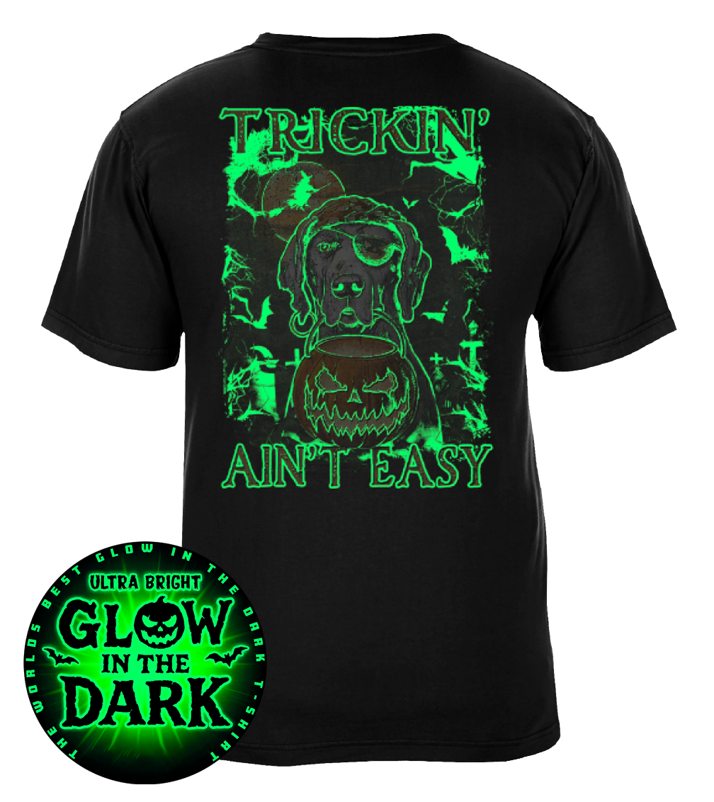 Trickin Ain't Easy Glow in the Dark Halloween Trick or Treat Pirate Dog Graphic T-Shirt