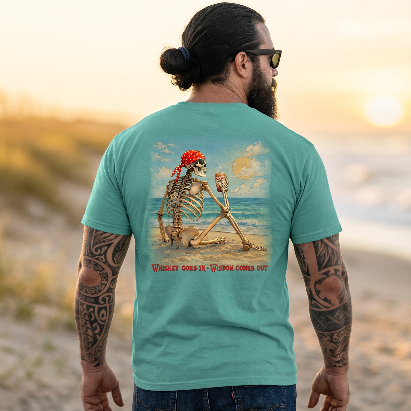 Whiskey Goes in Wisdom Comes Out Beach T-Shirt
