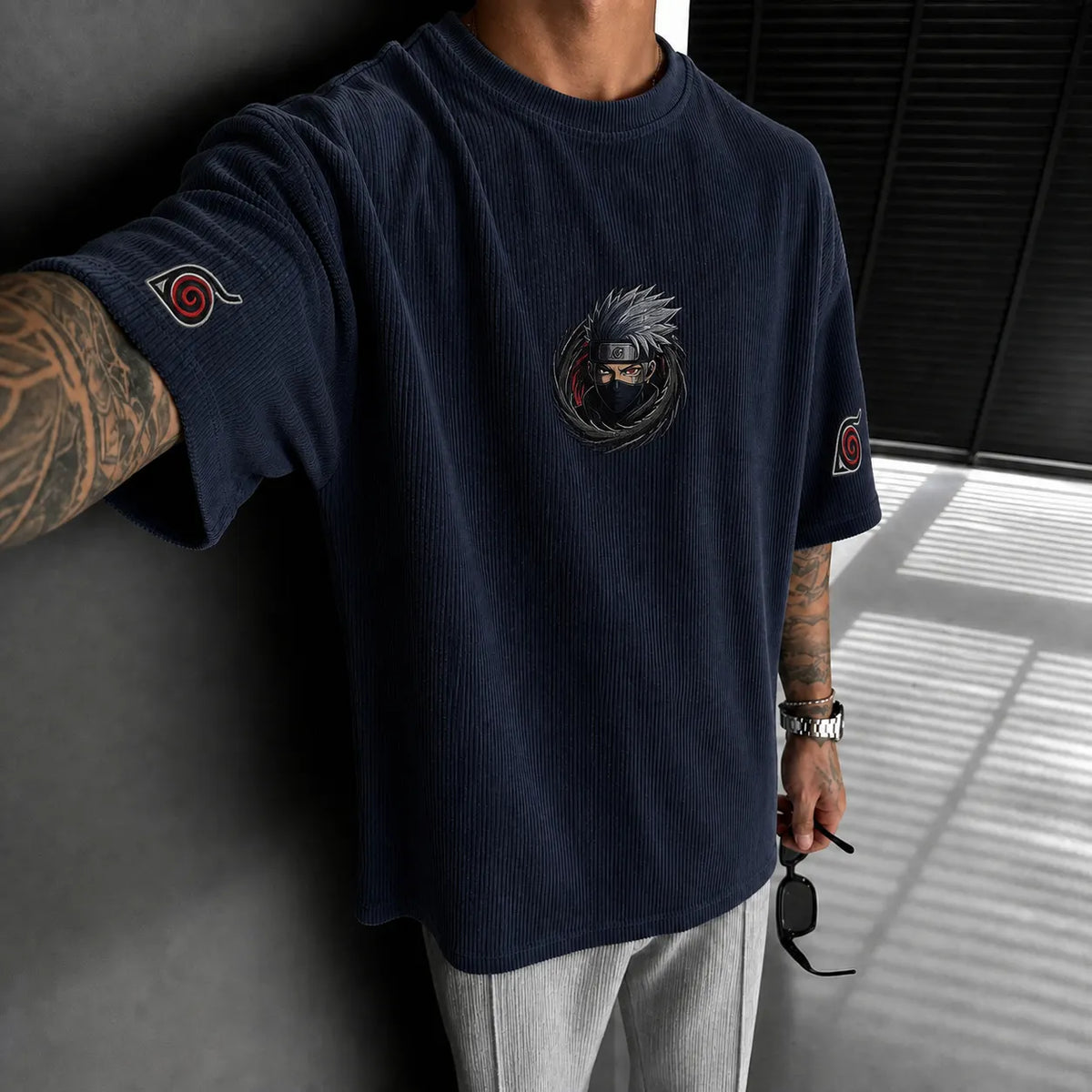 Naruto Unisex Oversized Anime-Print Vertical-Stripe Short-Sleeve T-Shirt