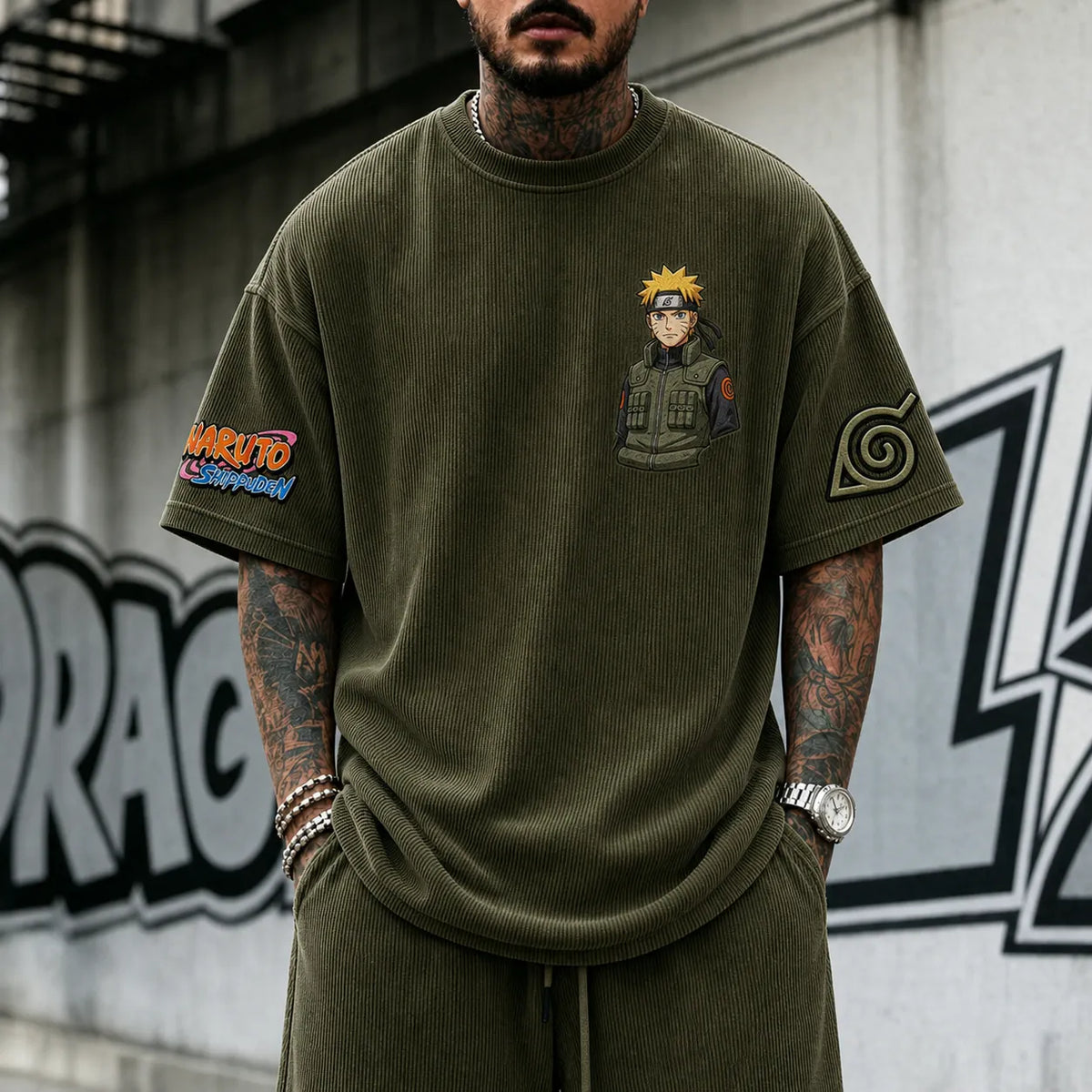 Naruto Unisex Anime-Style Retro Corduroy Oversized T-Shirt