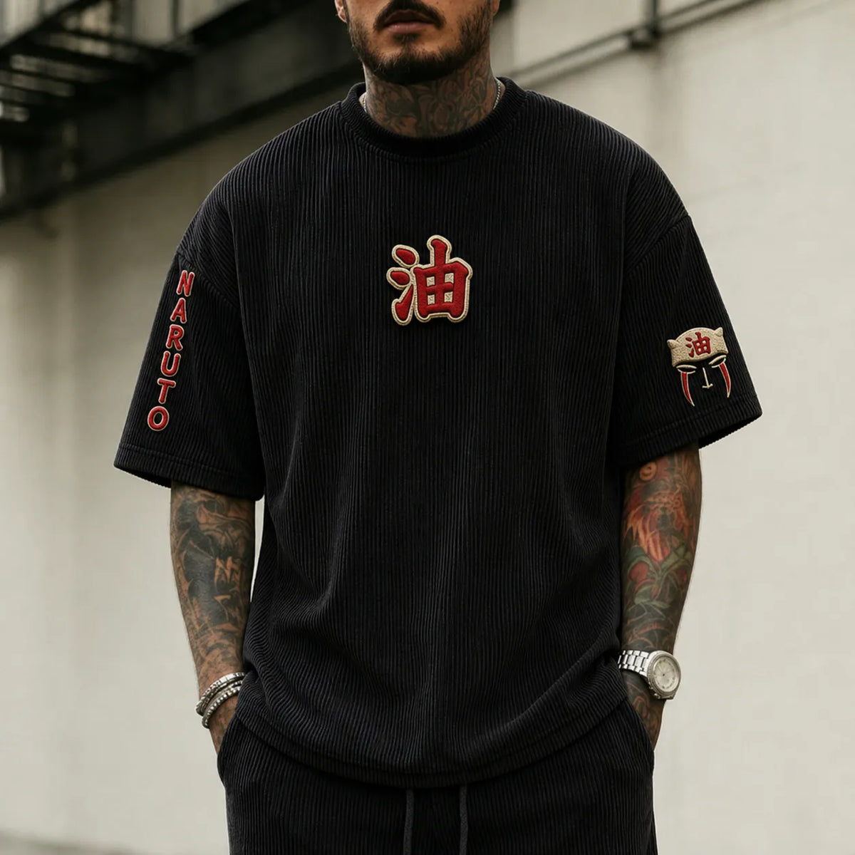 Naruto Unisex Anime-Style Retro Corduroy Oversized T-Shirt