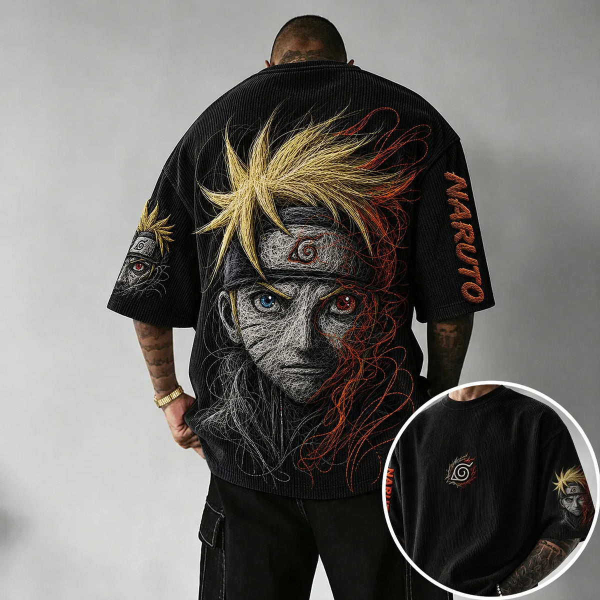 Naruto Unisex Anime-Style Retro Corduroy Oversized T-Shirt