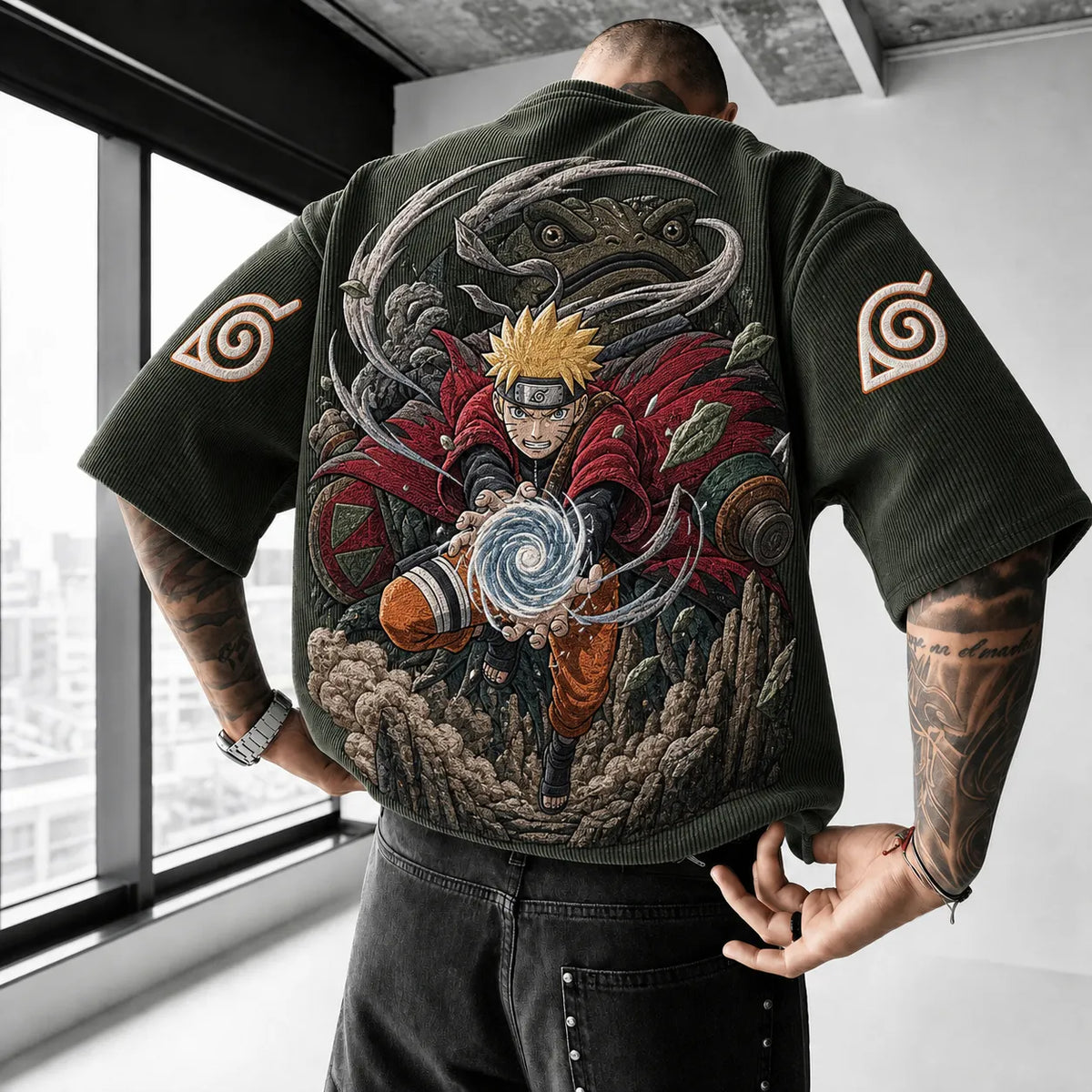 Naruto Unisex Oversized Anime-Print Vertical-Stripe Short-Sleeve T-Shirt