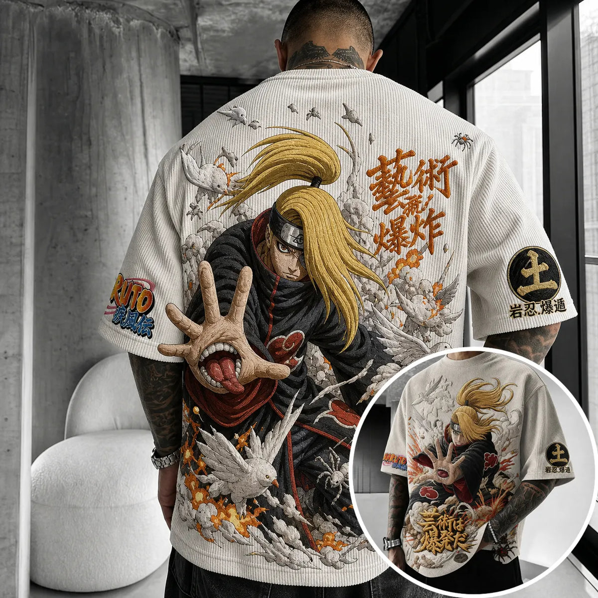 Naruto Unisex Oversized Anime-Print Vertical-Stripe Short-Sleeve T-Shirt