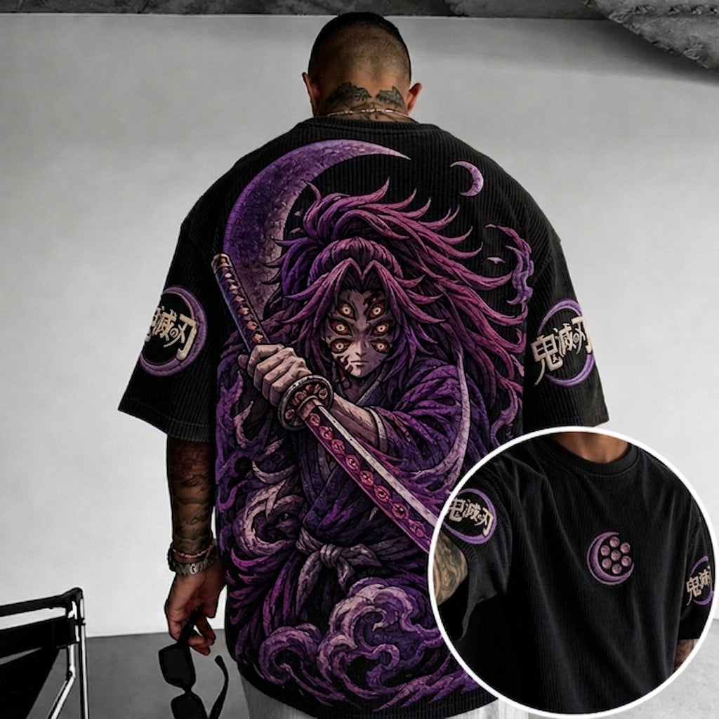 Demon Slayer Unisex Oversized Anime-Print Vertical-Stripe Short-Sleeve T-Shirt