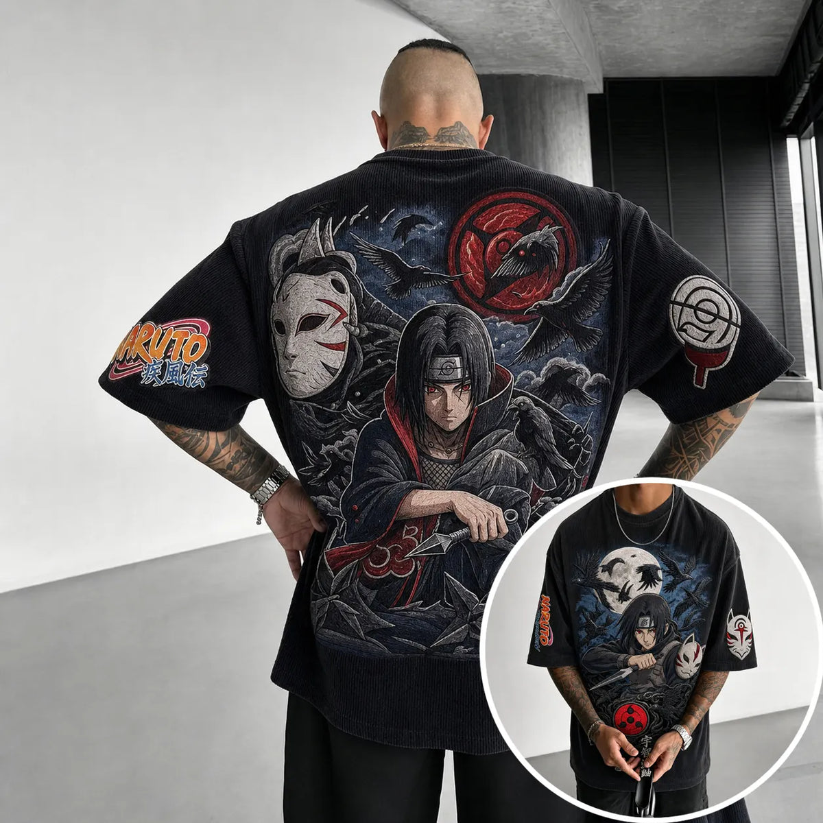 Naruto Unisex Oversized Anime-Print Vertical-Stripe Short-Sleeve T-Shirt