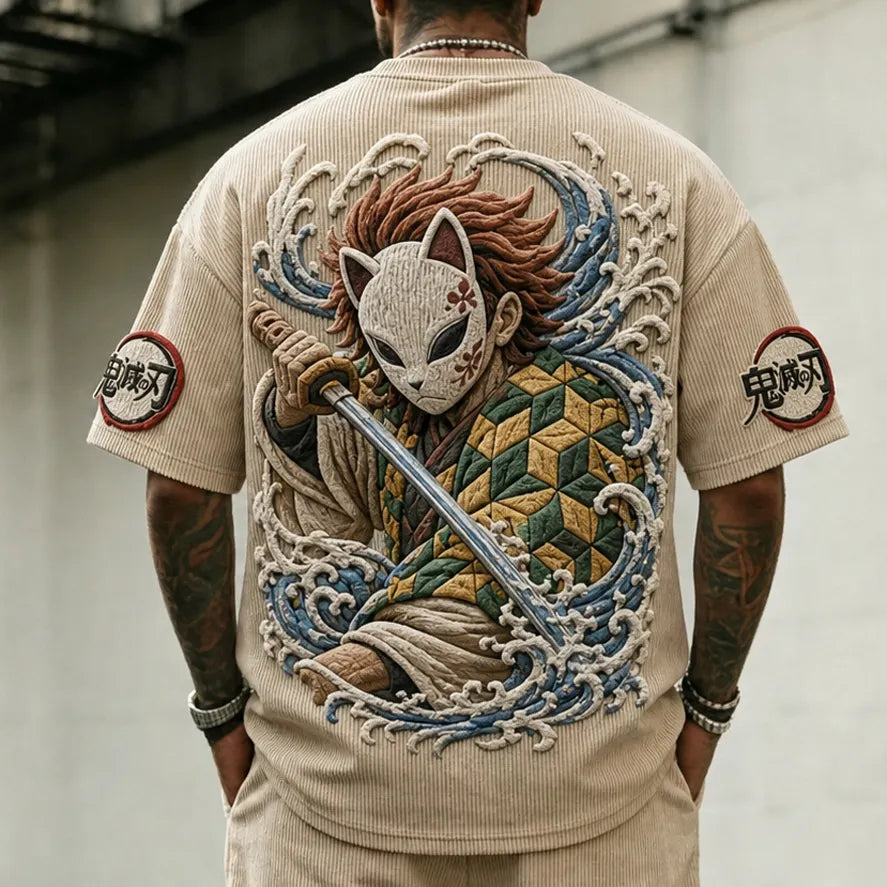 Demon Slayer Unisex Oversized Anime-Print Vertical-Stripe Short-Sleeve T-Shirt