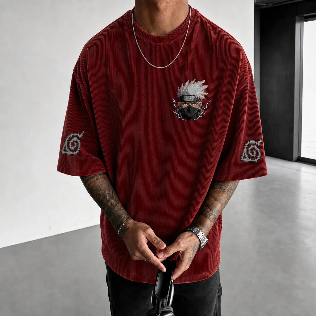 Naruto Unisex Oversized Anime-Print Vertical-Stripe Short-Sleeve T-Shirt