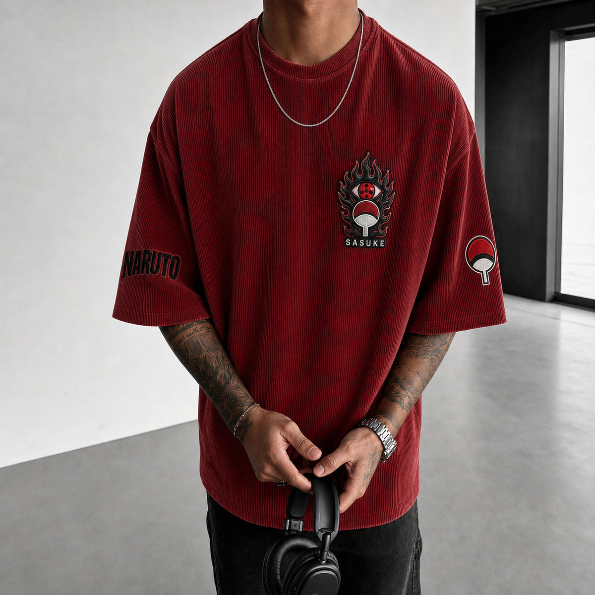 Naruto Unisex Anime-Style Retro Corduroy Oversized T-Shirt