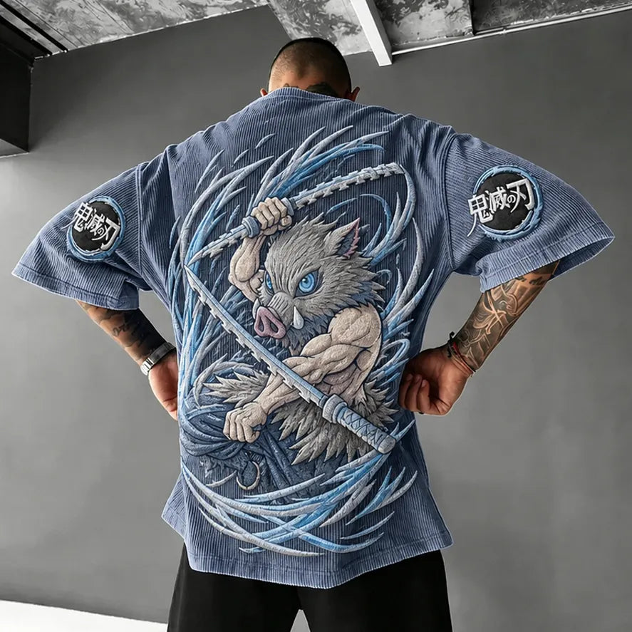 Demon Slayer Unisex Oversized Anime-Print Vertical-Stripe Short-Sleeve T-Shirt