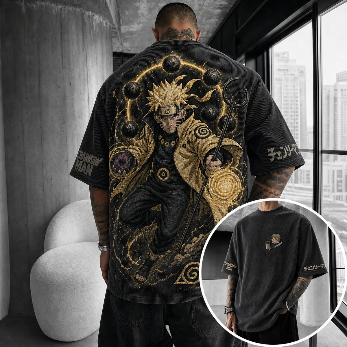 Naruto Unisex Oversized Anime-Print Vertical-Stripe Short-Sleeve T-Shirt