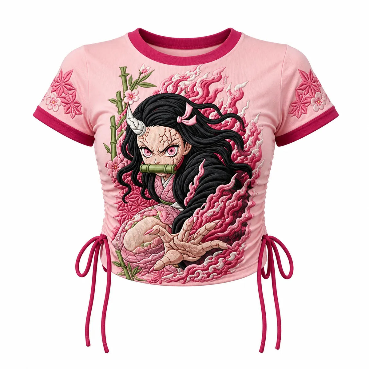 Demon Slayer Women's Slim-Fit Short-Sleeve T-Shirt With Anime Print And Side Drawstrings