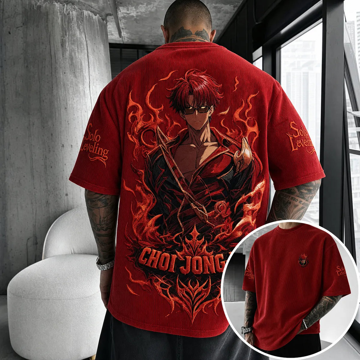 Solo Leveling Unisex Oversized Anime-Print Vertical-Stripe Short-Sleeve T-Shirt
