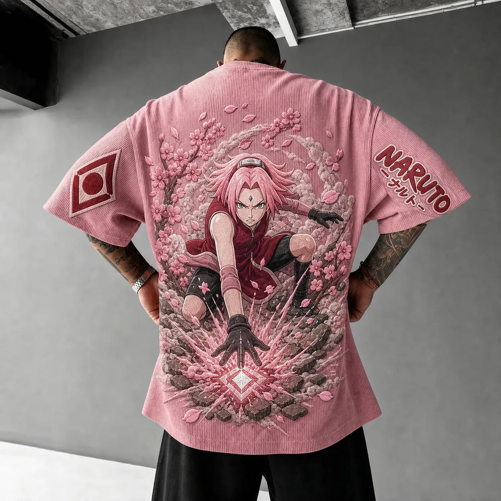 Naruto Unisex Anime-Style Retro Corduroy Oversized T-Shirt