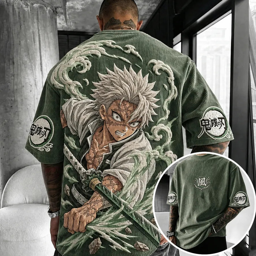 Demon Slayer Unisex Oversized Anime-Print Vertical-Stripe Short-Sleeve T-Shirt