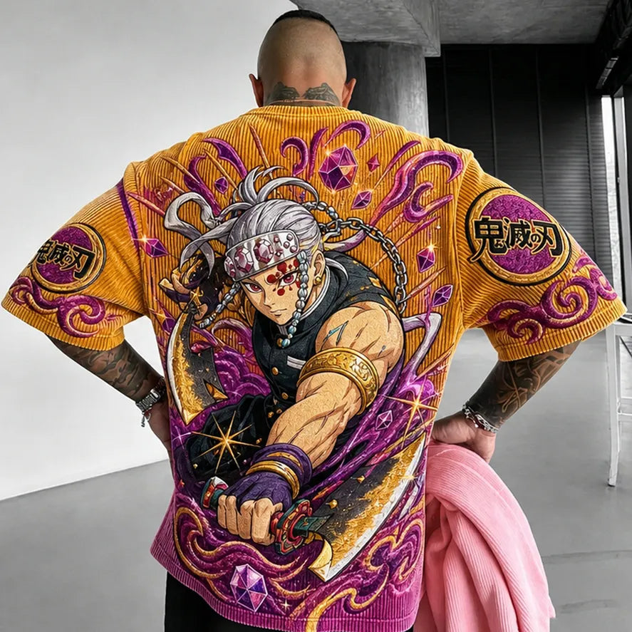 Demon Slayer Unisex Oversized Anime-Print Vertical-Stripe Short-Sleeve T-Shirt