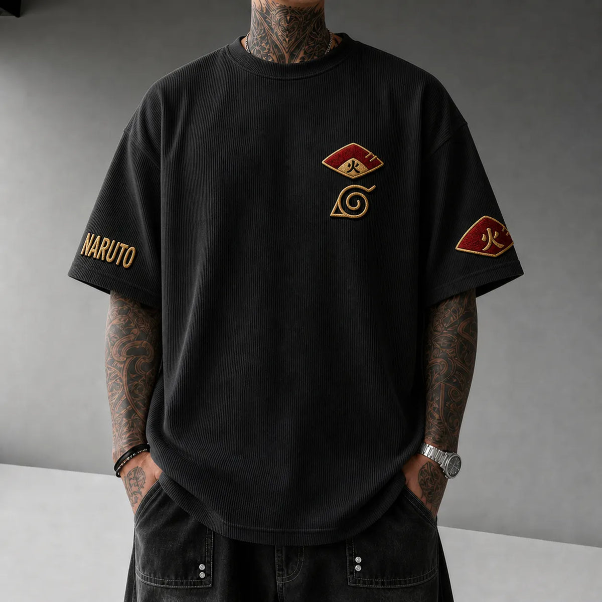 Naruto Unisex Anime-Style Retro Corduroy Oversized T-Shirt