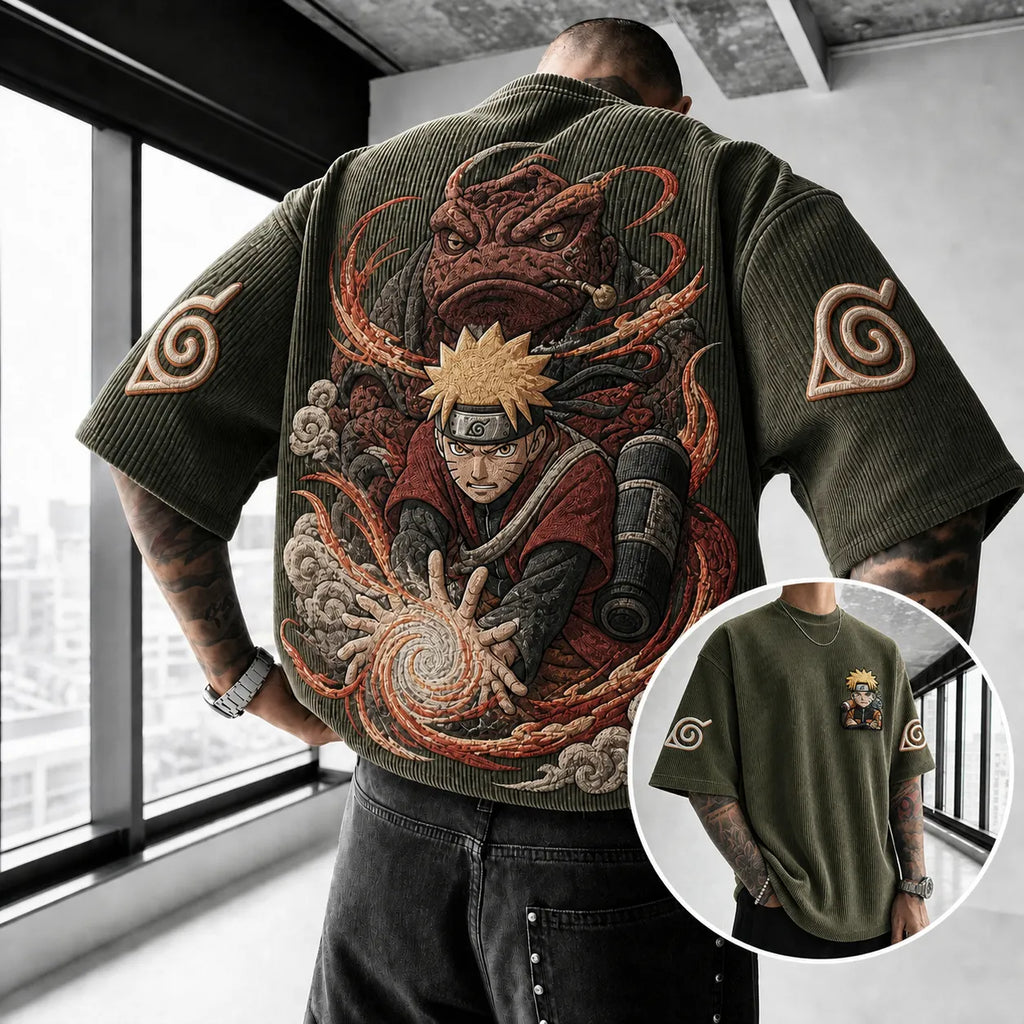 Naruto Unisex Oversized Anime-Print Vertical-Stripe Short-Sleeve T-Shirt