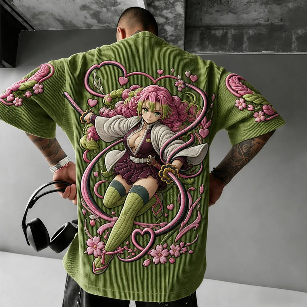 Demon Slayer Unisex Anime-Style Retro Corduroy Oversized T-Shirt
