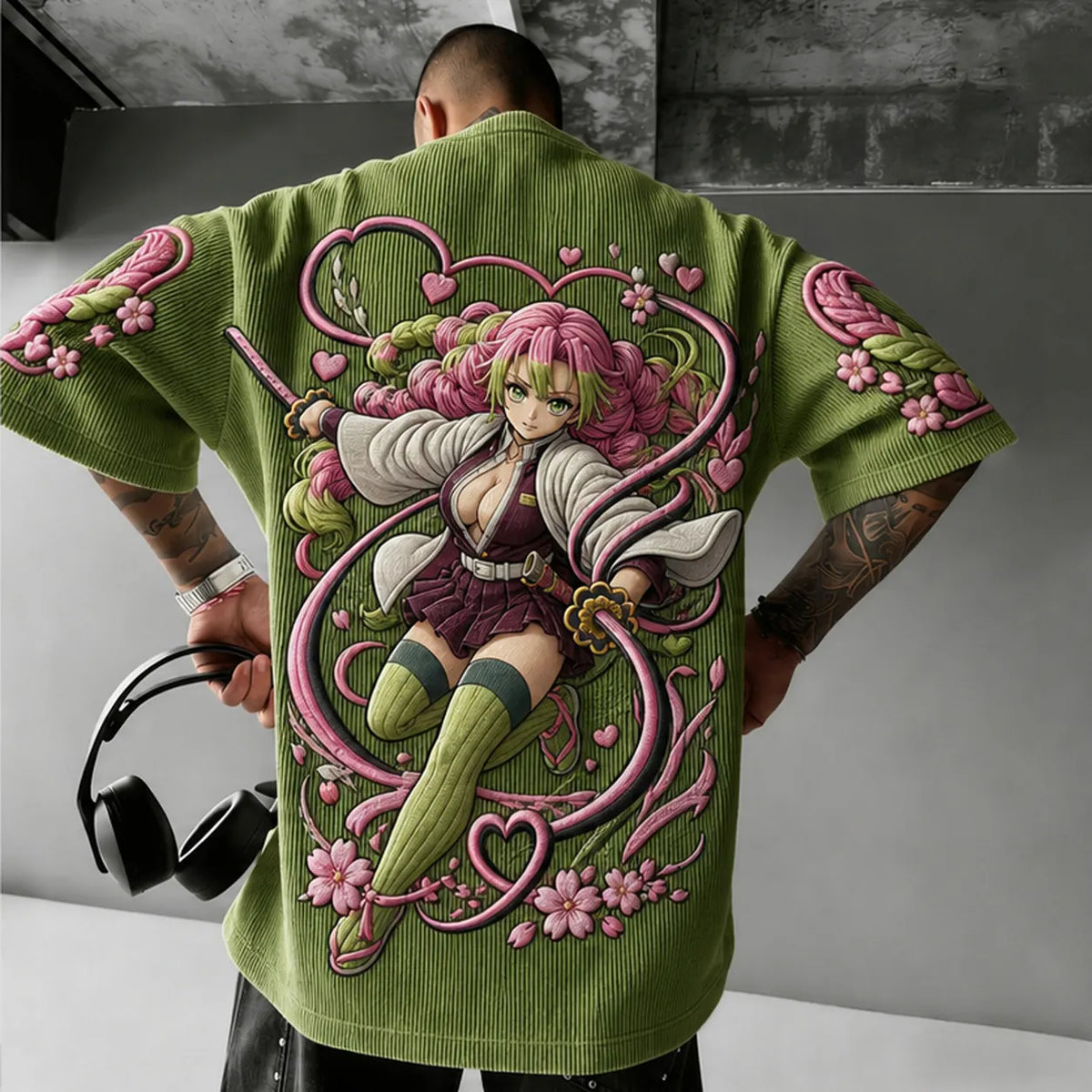 Demon Slayer Unisex Anime-Style Retro Corduroy Oversized T-Shirt