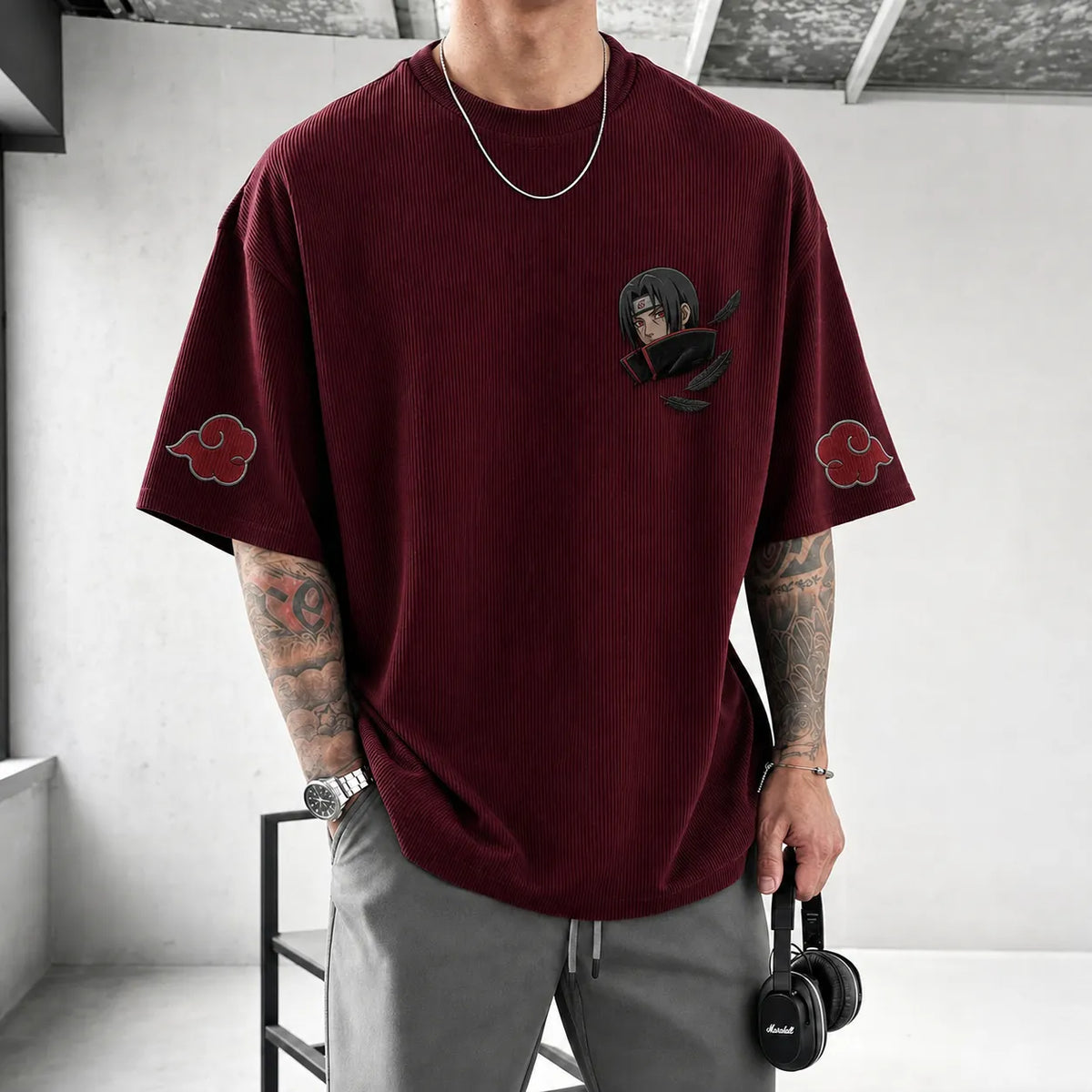 Naruto Unisex Oversized Anime-Print Vertical-Stripe Short-Sleeve T-Shirt