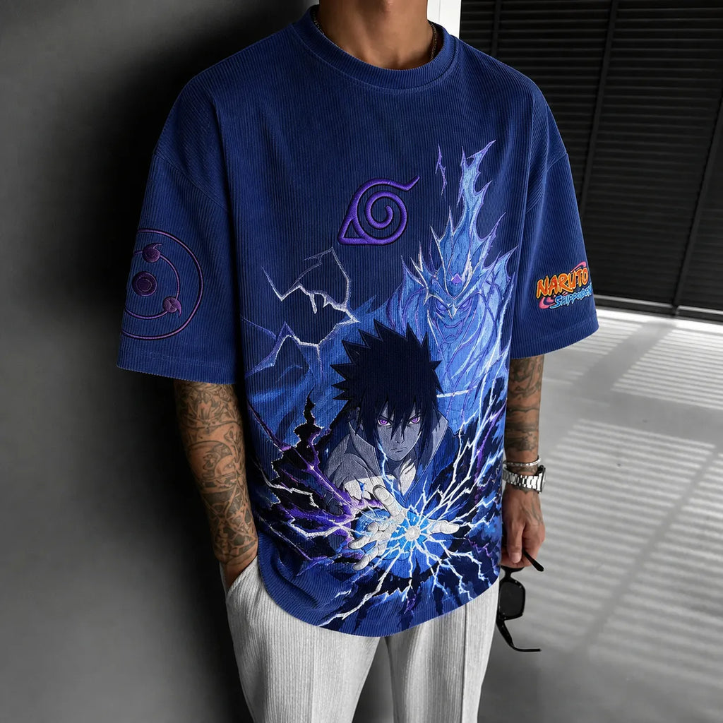 Naruto Unisex Oversized Anime-Print Vertical-Stripe Short-Sleeve T-Shirt